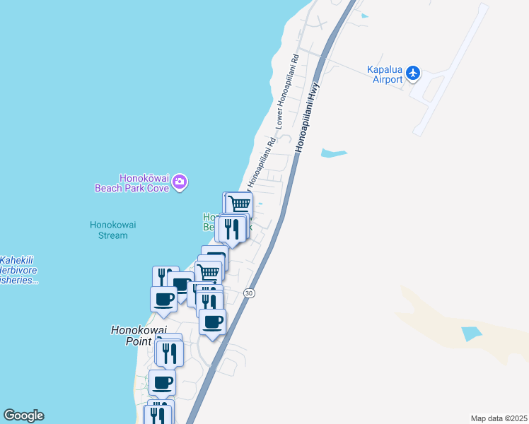 map of restaurants, bars, coffee shops, grocery stores, and more near 3676 Lower Honoapiilani Road in Lahaina