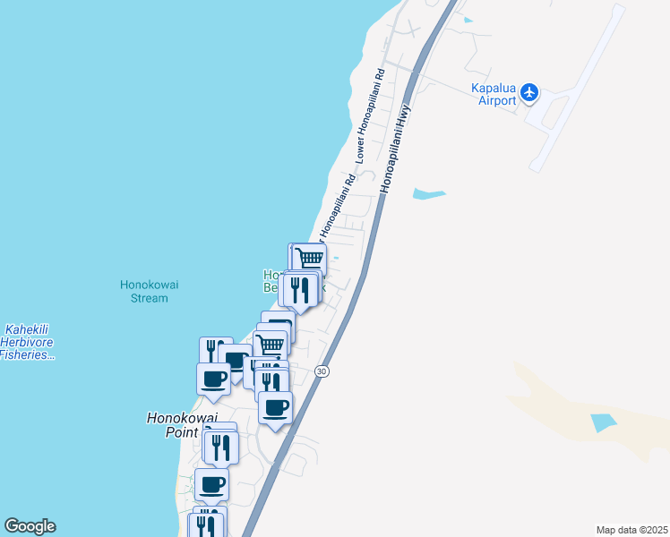 map of restaurants, bars, coffee shops, grocery stores, and more near 3676 Lower Honoapiilani Road in Lahaina