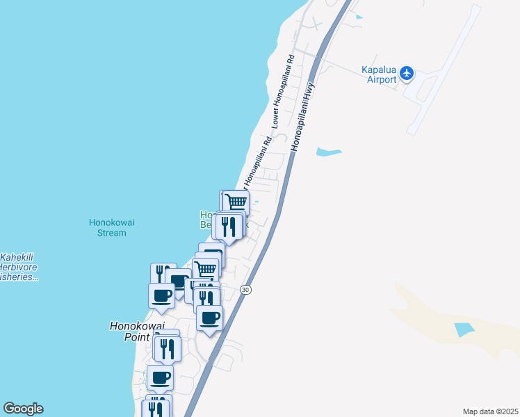 map of restaurants, bars, coffee shops, grocery stores, and more near 3676 Lower Honoapiilani Road in Lahaina