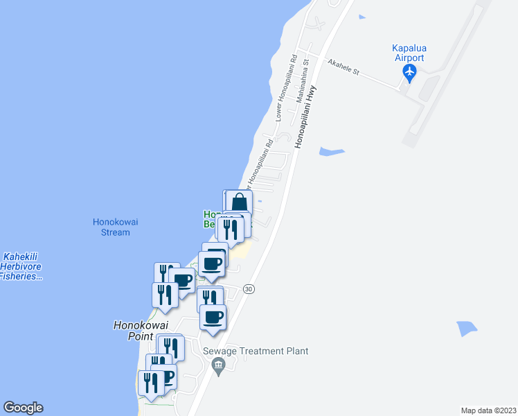 map of restaurants, bars, coffee shops, grocery stores, and more near 3676 Lower Honoapiilani Road in Lahaina
