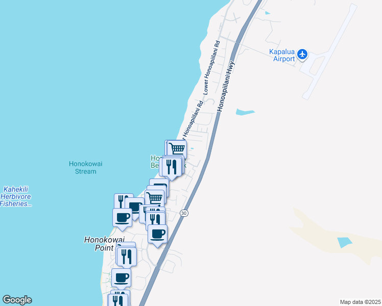 map of restaurants, bars, coffee shops, grocery stores, and more near 3676 Lower Honoapiilani Road in Lahaina