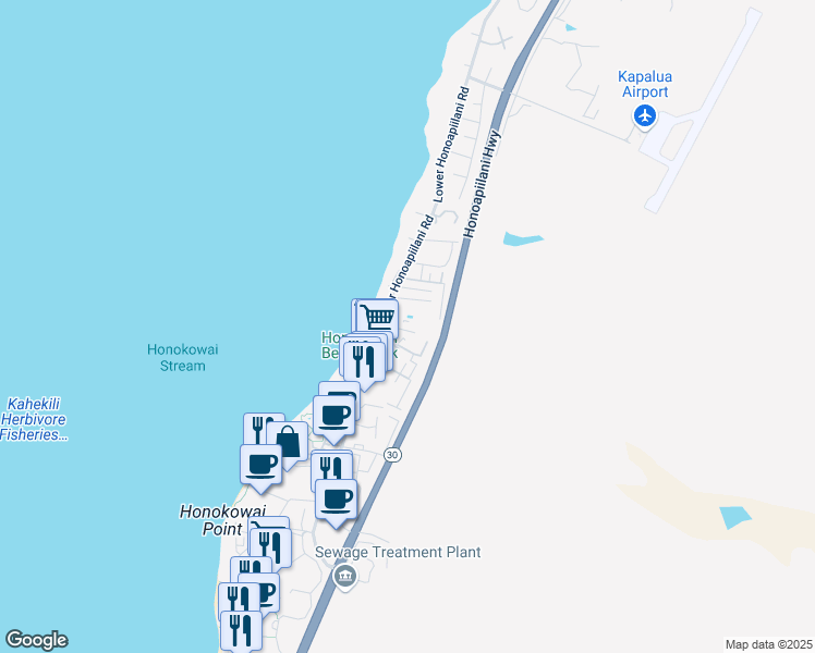map of restaurants, bars, coffee shops, grocery stores, and more near 3666 Lower Honoapiilani Road in Lahaina
