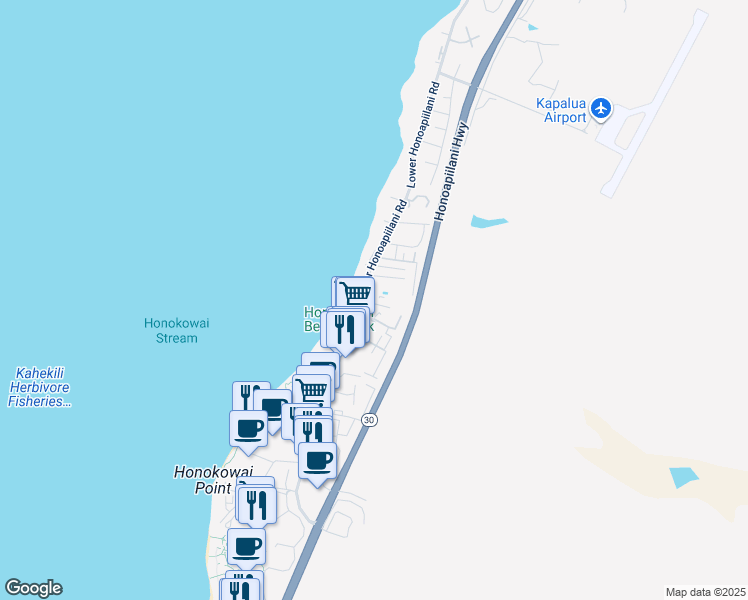 map of restaurants, bars, coffee shops, grocery stores, and more near 3676 Lower Honoapiilani Road in Lahaina