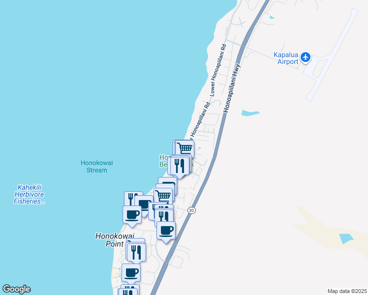 map of restaurants, bars, coffee shops, grocery stores, and more near 3691 Lower Honoapiilani Road in Lahaina