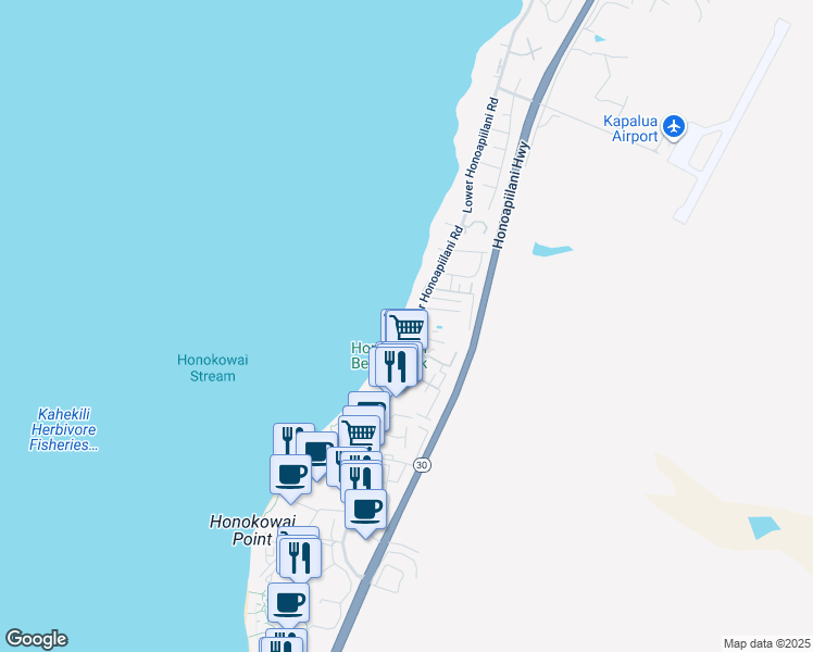 map of restaurants, bars, coffee shops, grocery stores, and more near 3691 Lower Honoapiilani Road in Lahaina