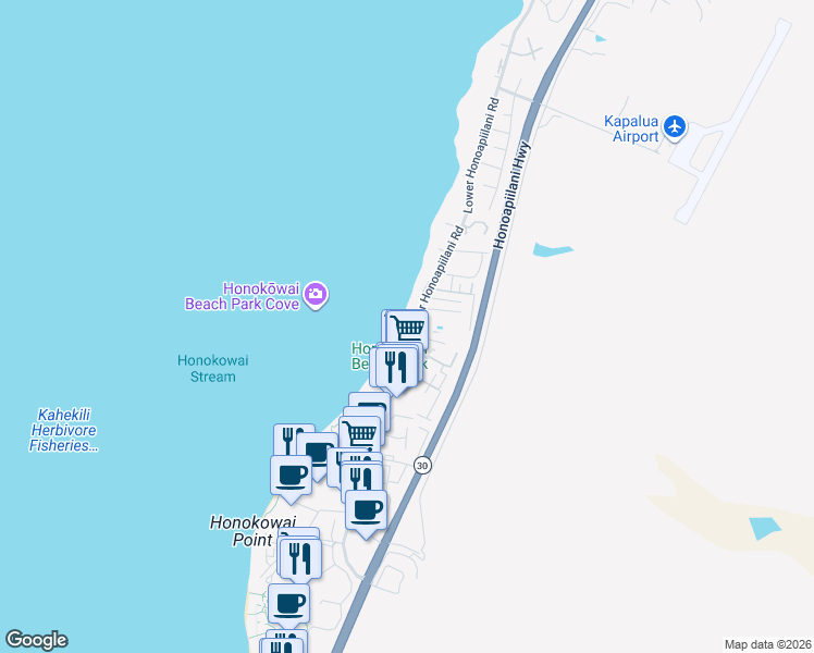 map of restaurants, bars, coffee shops, grocery stores, and more near 3666 Lower Honoapiilani Road in Lahaina
