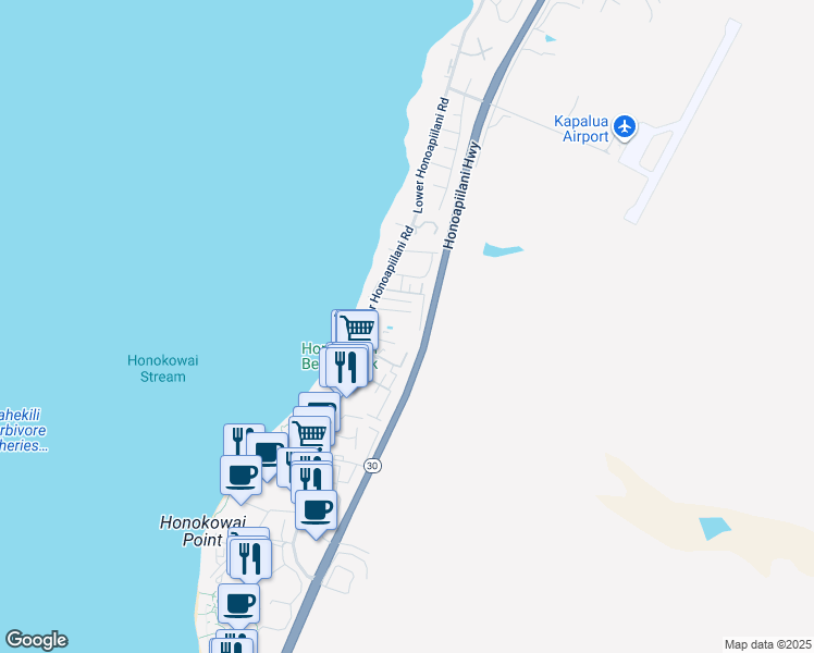 map of restaurants, bars, coffee shops, grocery stores, and more near 3710 Lower Honoapiilani Road in Lahaina