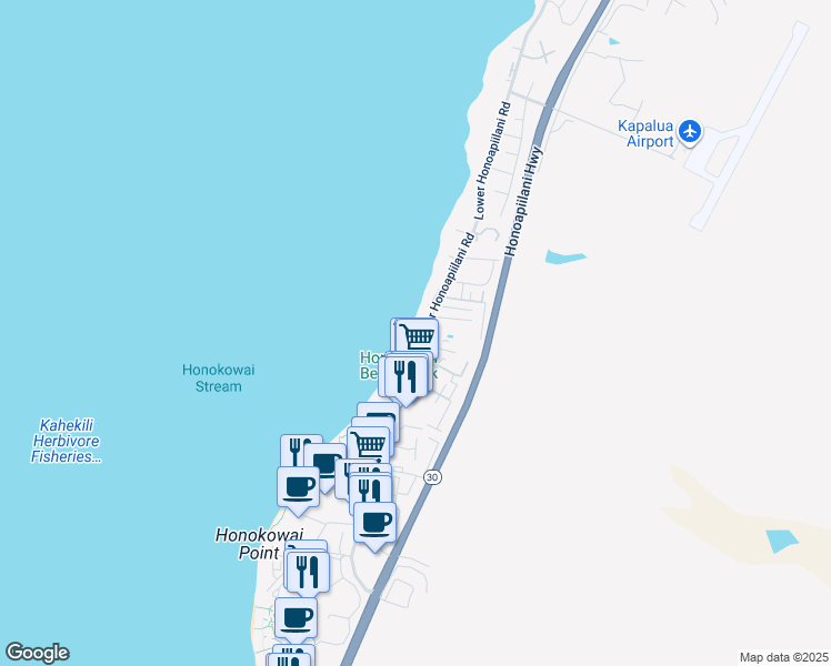 map of restaurants, bars, coffee shops, grocery stores, and more near 3695 Lower Honoapiilani Road in Lahaina