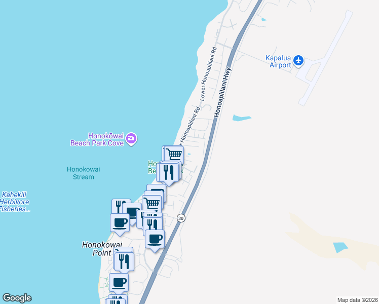 map of restaurants, bars, coffee shops, grocery stores, and more near 3702 Lower Honoapiilani Road in Lahaina