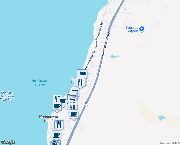 map of restaurants, bars, coffee shops, grocery stores, and more near 3708 Lower Honoapiilani Road in Lahaina