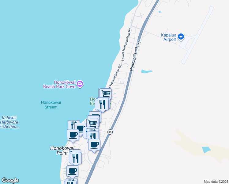 map of restaurants, bars, coffee shops, grocery stores, and more near 3702 Lower Honoapiilani Road in Lahaina