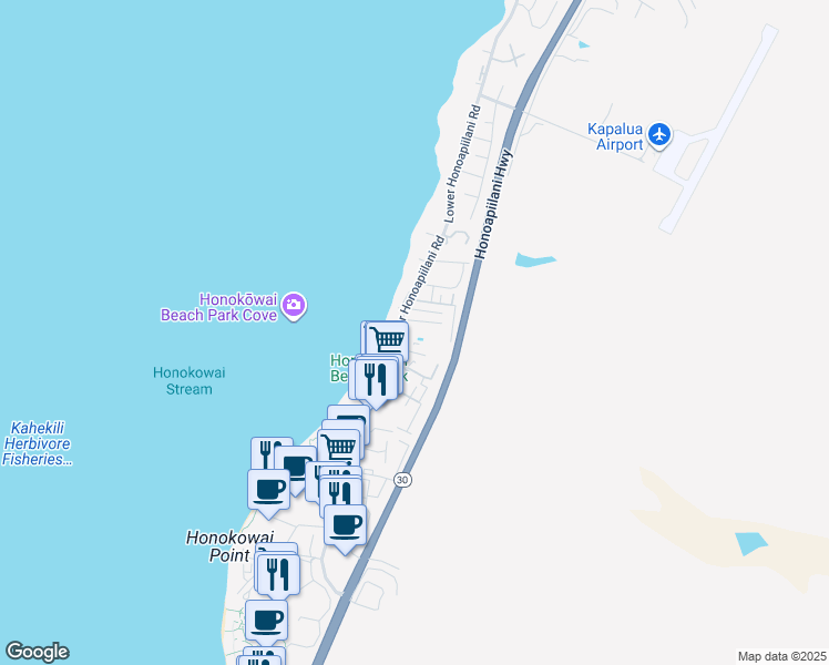 map of restaurants, bars, coffee shops, grocery stores, and more near 3706 Lower Honoapiilani Road in Lahaina
