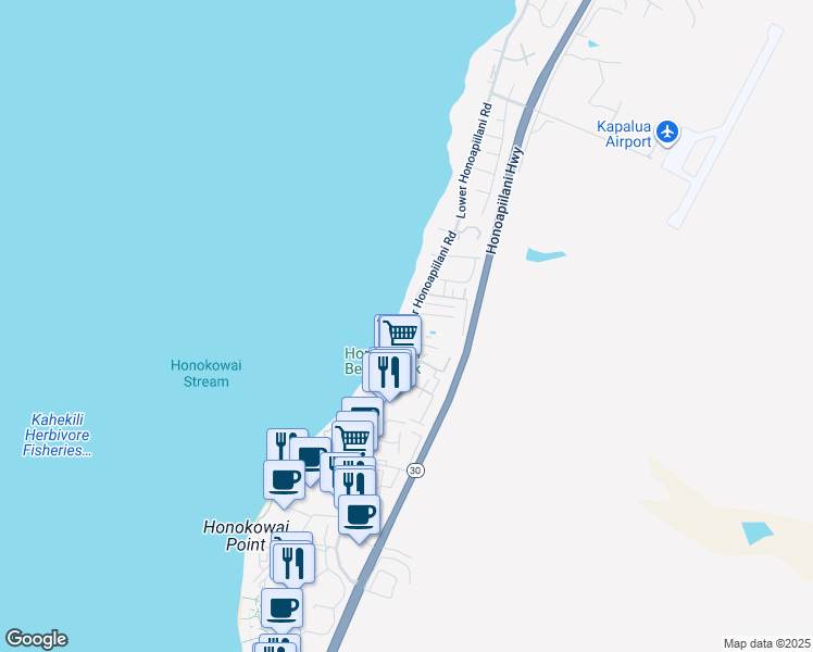 map of restaurants, bars, coffee shops, grocery stores, and more near 3691 Lower Honoapiilani Road in Lahaina