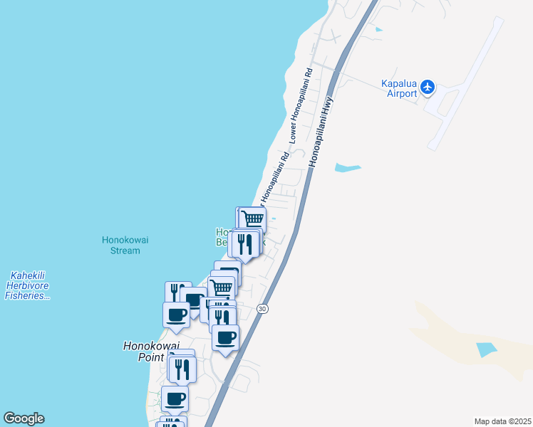map of restaurants, bars, coffee shops, grocery stores, and more near 3706 Lower Honoapiilani Road in Lahaina