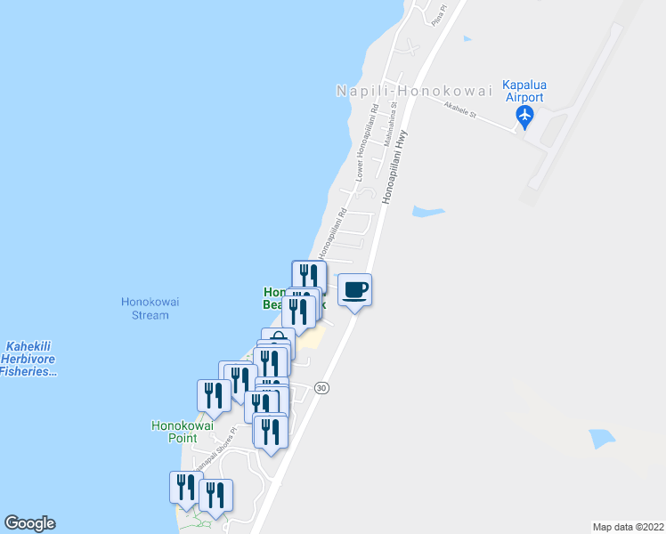 map of restaurants, bars, coffee shops, grocery stores, and more near 3710 Lower Honoapiilani Road in Lahaina