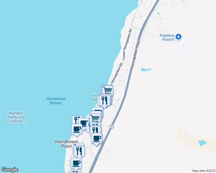 map of restaurants, bars, coffee shops, grocery stores, and more near 3701 Lower Honoapiilani Road in Lahaina