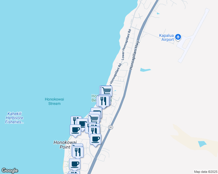 map of restaurants, bars, coffee shops, grocery stores, and more near 3711 Lower Honoapiilani Road in Lahaina