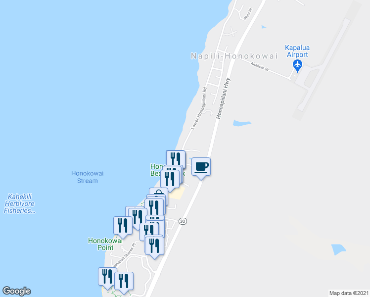 map of restaurants, bars, coffee shops, grocery stores, and more near 7 Haku Hale Place in Lahaina