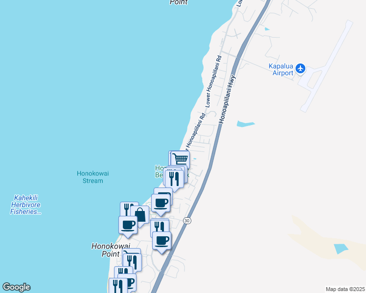 map of restaurants, bars, coffee shops, grocery stores, and more near 3723 Lower Honoapiilani Road in Lahaina
