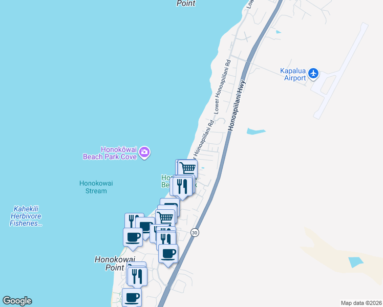 map of restaurants, bars, coffee shops, grocery stores, and more near 3723 Lower Honoapiilani Road in Lahaina