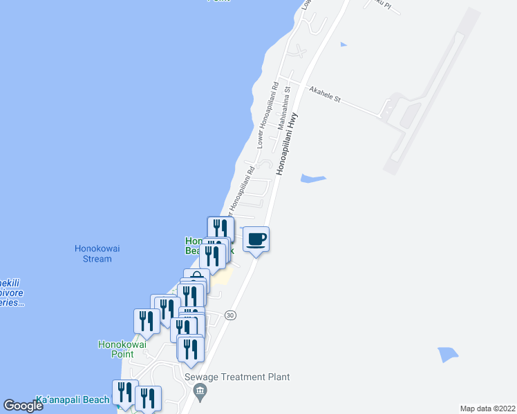 map of restaurants, bars, coffee shops, grocery stores, and more near 3732 Lower Honoapiilani Road in Lahaina