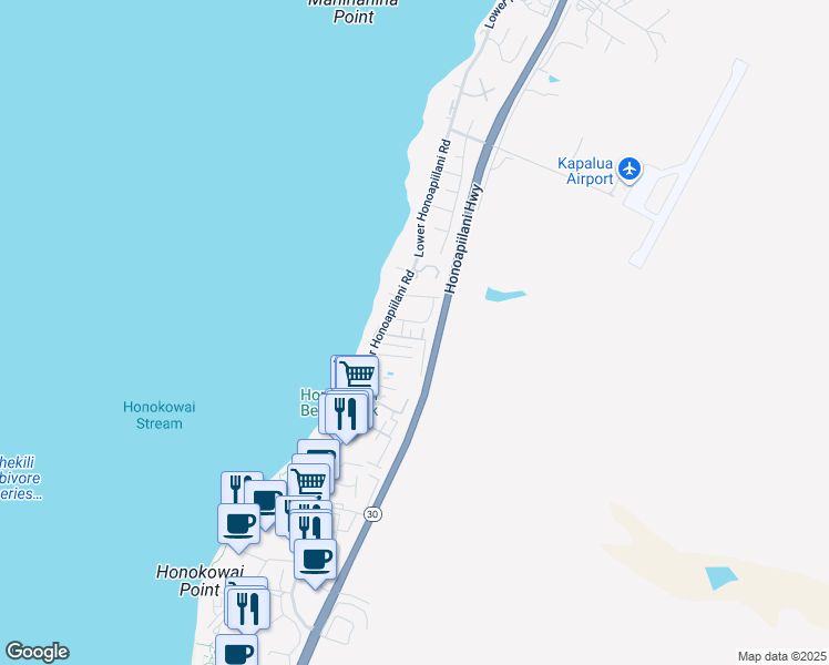 map of restaurants, bars, coffee shops, grocery stores, and more near 3740 Lower Honoapiilani Road in Lahaina