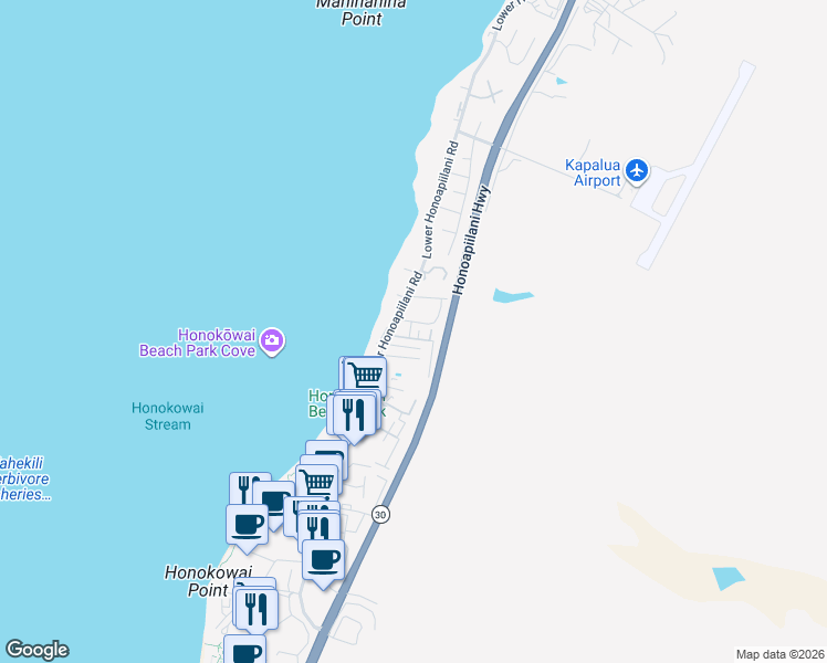 map of restaurants, bars, coffee shops, grocery stores, and more near 3732 Lower Honoapiilani Road in Lahaina