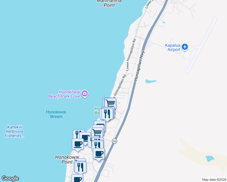 map of restaurants, bars, coffee shops, grocery stores, and more near 3723 Lower Honoapiilani Road in Lahaina