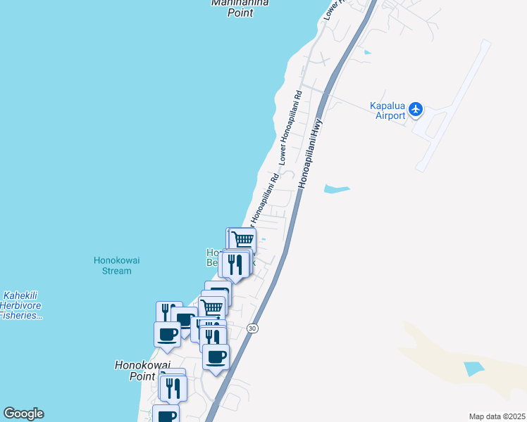 map of restaurants, bars, coffee shops, grocery stores, and more near 3750 Lower Honoapiilani Road in Lahaina