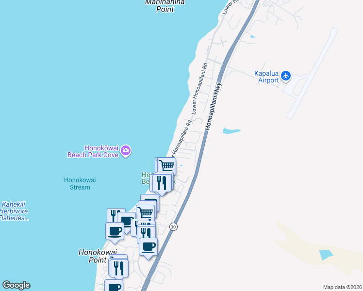 map of restaurants, bars, coffee shops, grocery stores, and more near 3732 Lower Honoapiilani Road in Lahaina