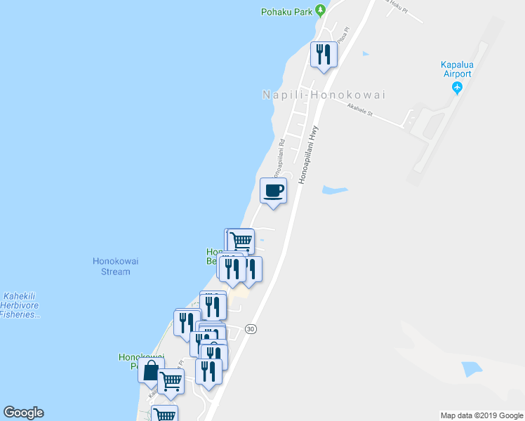 map of restaurants, bars, coffee shops, grocery stores, and more near 3750 Lower Honoapiilani Road in Lahaina