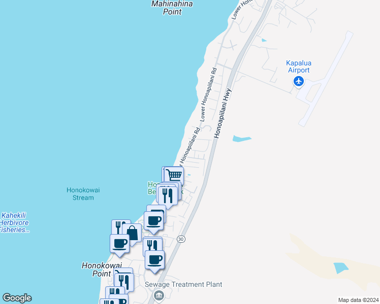 map of restaurants, bars, coffee shops, grocery stores, and more near 3732 Lower Honoapiilani Road in Lahaina