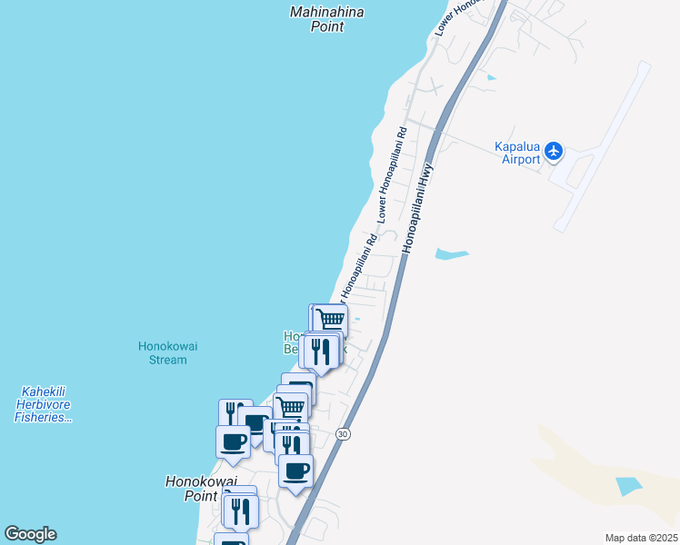 map of restaurants, bars, coffee shops, grocery stores, and more near 3765 Lower Honoapiilani Road in Lahaina