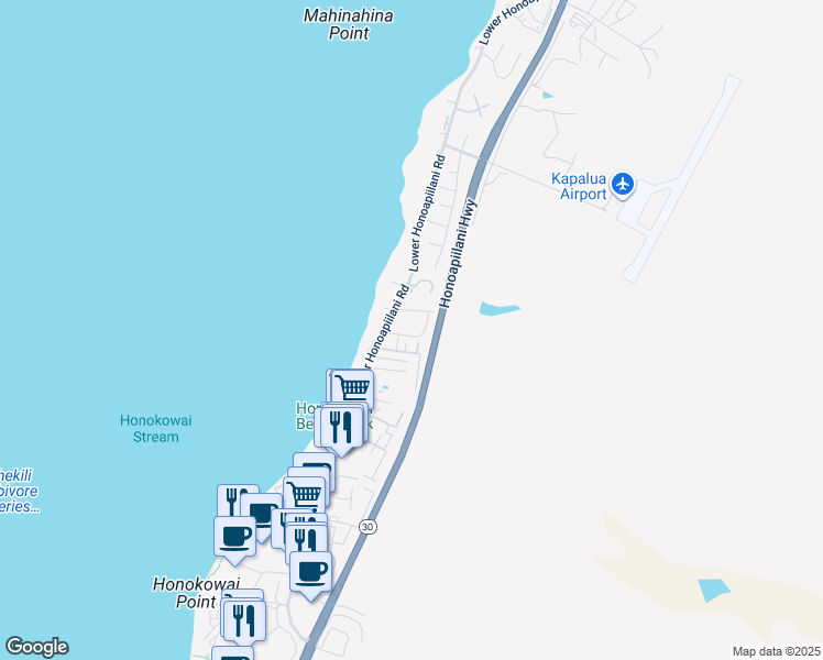 map of restaurants, bars, coffee shops, grocery stores, and more near Lower Honoapiilani Road in Maui County
