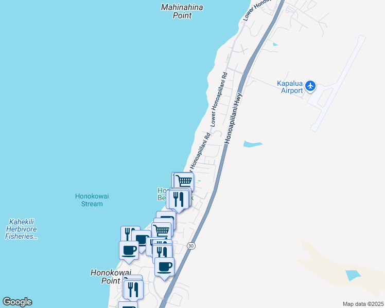 map of restaurants, bars, coffee shops, grocery stores, and more near 3765 Lower Honoapiilani Road in Lahaina