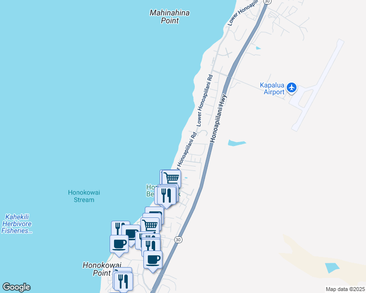 map of restaurants, bars, coffee shops, grocery stores, and more near 3785 Lower Honoapiilani Road in Lahaina