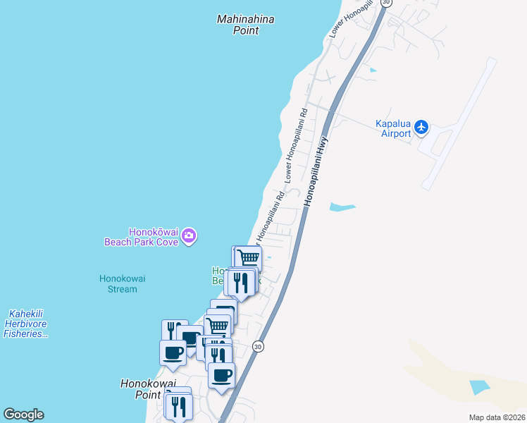 map of restaurants, bars, coffee shops, grocery stores, and more near 3785 Lower Honoapiilani Road in Lahaina