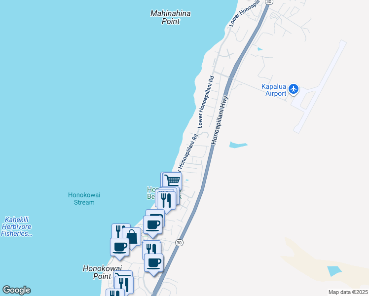 map of restaurants, bars, coffee shops, grocery stores, and more near 3785 Lower Honoapiilani Road in Lahaina