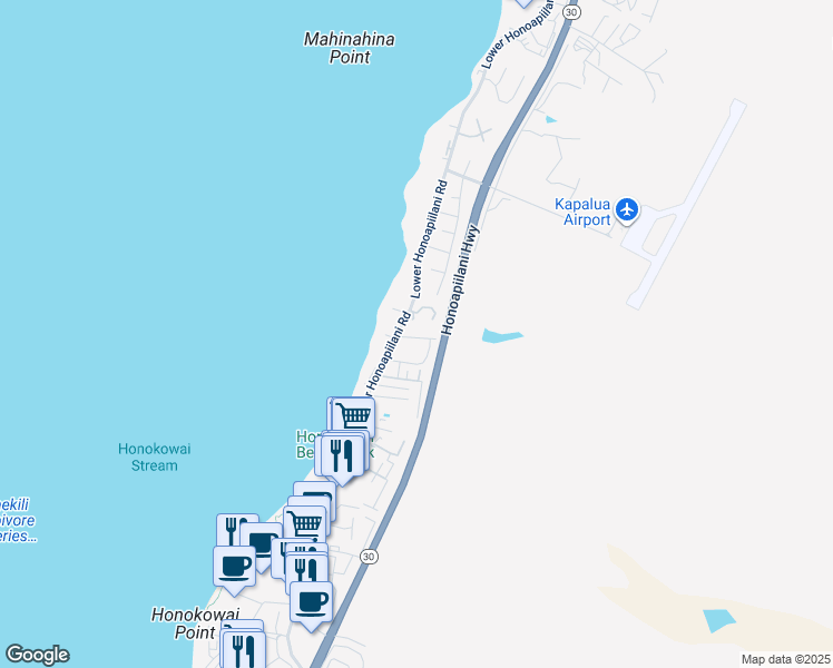 map of restaurants, bars, coffee shops, grocery stores, and more near 3804 Lower Honoapiilani Road in Lahaina
