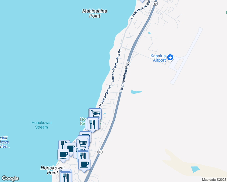 map of restaurants, bars, coffee shops, grocery stores, and more near 3804 Lower Honoapiilani Road in Lahaina