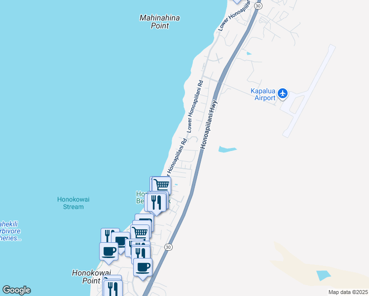 map of restaurants, bars, coffee shops, grocery stores, and more near 3806 Lower Honoapiilani Road in Lahaina