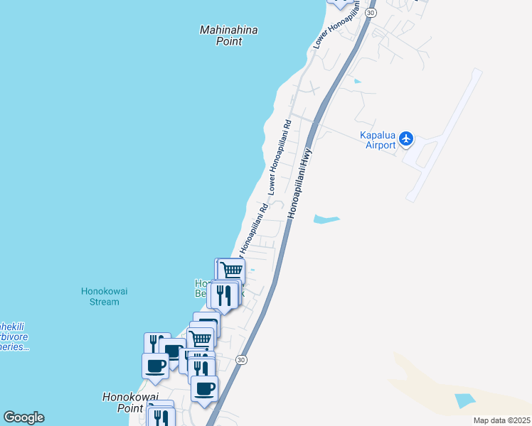 map of restaurants, bars, coffee shops, grocery stores, and more near 3816 Lower Honoapiilani Road in Lahaina