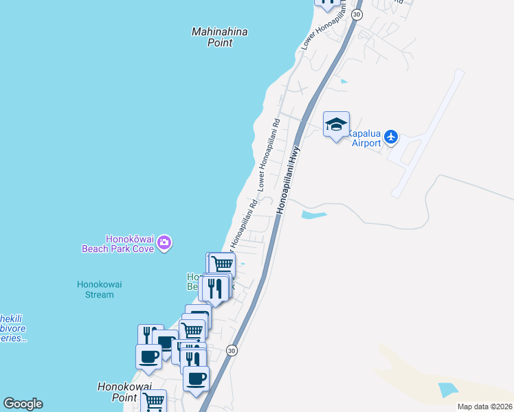 map of restaurants, bars, coffee shops, grocery stores, and more near 3843 Lower Honoapiilani Road in Lahaina