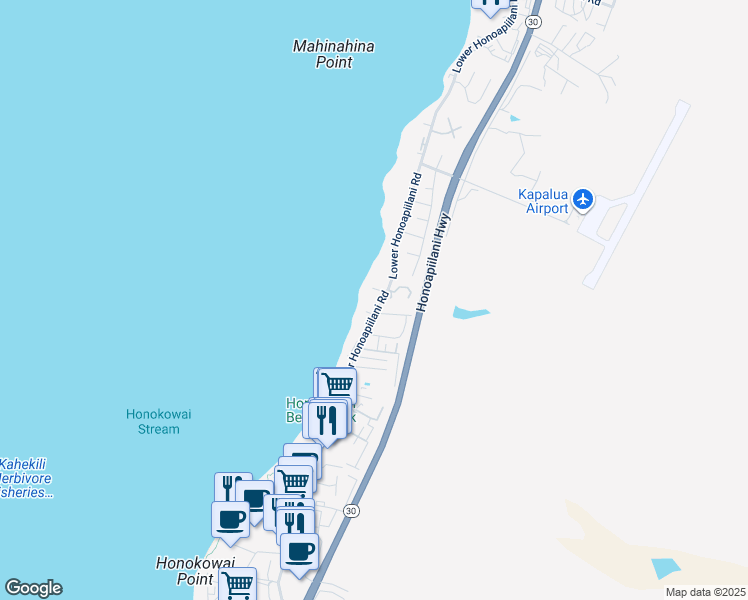 map of restaurants, bars, coffee shops, grocery stores, and more near 3676 Lower Honoapiilani Road in Lahaina