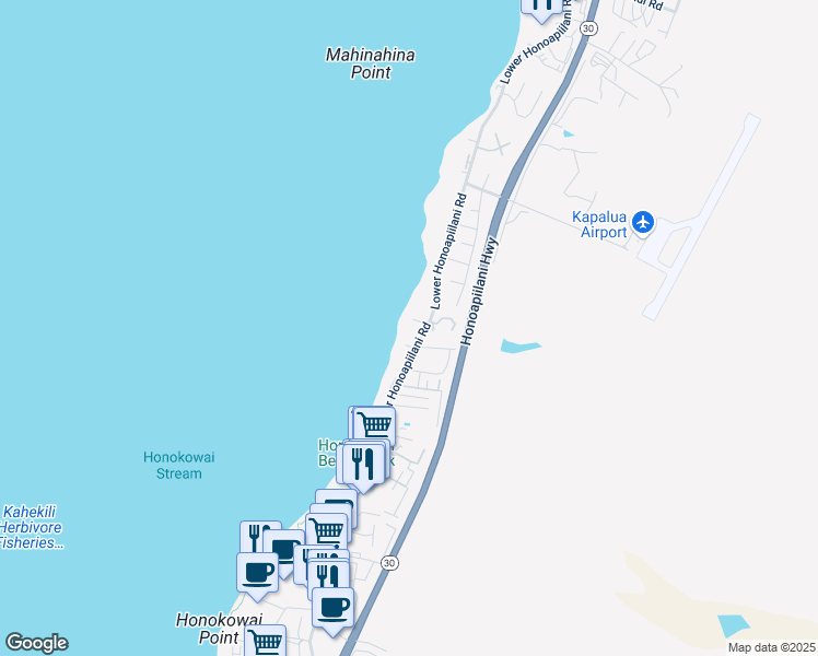 map of restaurants, bars, coffee shops, grocery stores, and more near 3843 Lower Honoapiilani Road in Lahaina