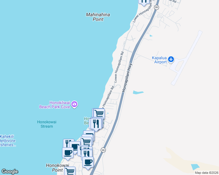 map of restaurants, bars, coffee shops, grocery stores, and more near 3843 Lower Honoapiilani Road in Lahaina