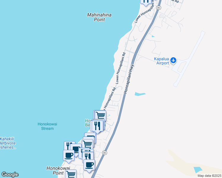 map of restaurants, bars, coffee shops, grocery stores, and more near 3823 Lower Honoapiilani Road in Lahaina