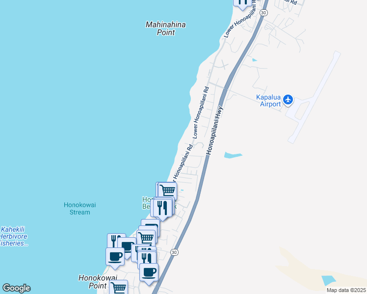 map of restaurants, bars, coffee shops, grocery stores, and more near 3823 Lower Honoapiilani Road in Lahaina