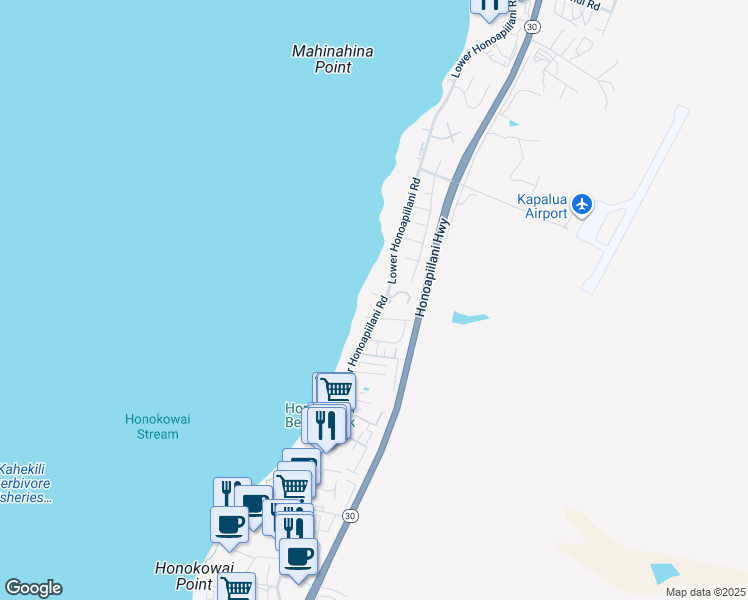map of restaurants, bars, coffee shops, grocery stores, and more near 3823 Lower Honoapiilani Road in Lahaina