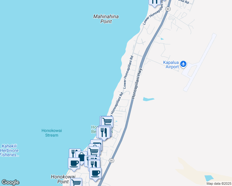 map of restaurants, bars, coffee shops, grocery stores, and more near 3823 Lower Honoapiilani Road in Lahaina